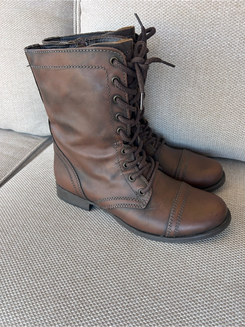Troopa Steve Madden Brown Leather Lace-Up Combat Boots with Side Zip - Picture 3 of 5